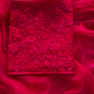 Luxurious Red Fabric with Intricate French Thread Embroidery