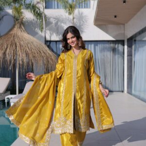 ovi-040_25451040 💛 Mustard Yellow Embroidered Kurta Palazzo Set