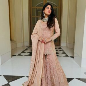 ovi-038_25449038 Elegant Peach Embroidered Sharara Suit Set ✨🌸