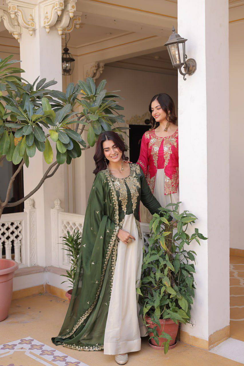 ovi-042_25453042 💚❤️ Designer Festive Gown with Embroidered Jacket Set