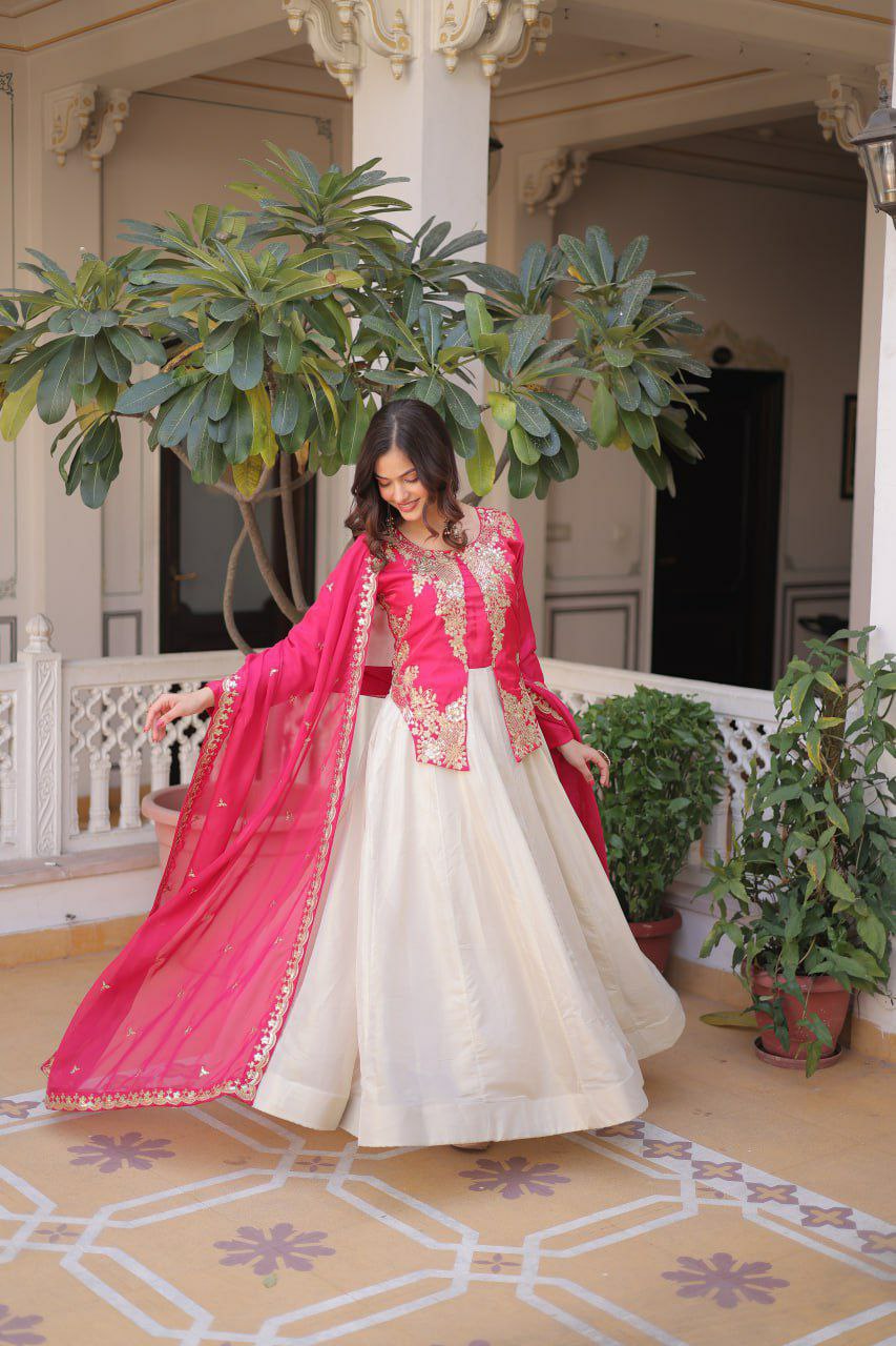 ovi-042_25453042 💚❤️ Designer Festive Gown with Embroidered Jacket Set - Image 5