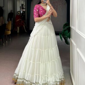ovi-049_2704049 🤍 Ivory Tiered Lehenga with Pink Embroidered Blouse