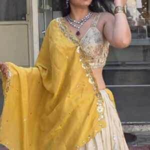 ovi-015_2634015 💛 Mustard Yellow & Cream Embroidered Lehenga Choli Set