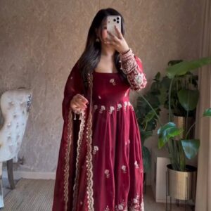 ovi-017_5985017 ❤️ Maroon Embroidered Anarkali Suit with Dupatta – Elegant Wedding Wear