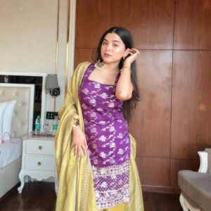 ovi-051_5988051 💜💛 Royal Purple Kurti with Yellow Palazzo & Dupatta Set