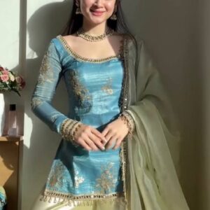 ovi-053_5989053 💙🌿 Teal Silk Kurti with Cream Sharara & Dupatta Set