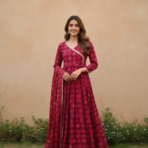 ovi-056_382056 Maroon Printed Anarkali Gown with Dupatta