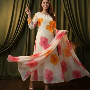 ovi-055_355055 White Floral Printed Anarkali Dress with Dupatta